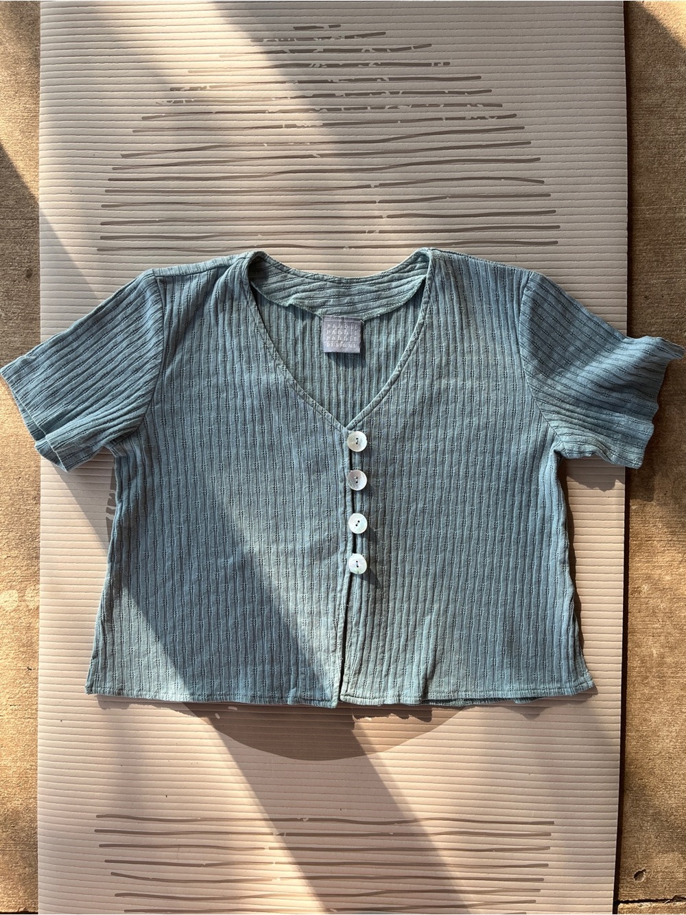 Ribbed V-Neck Button Front Top — Sage Green